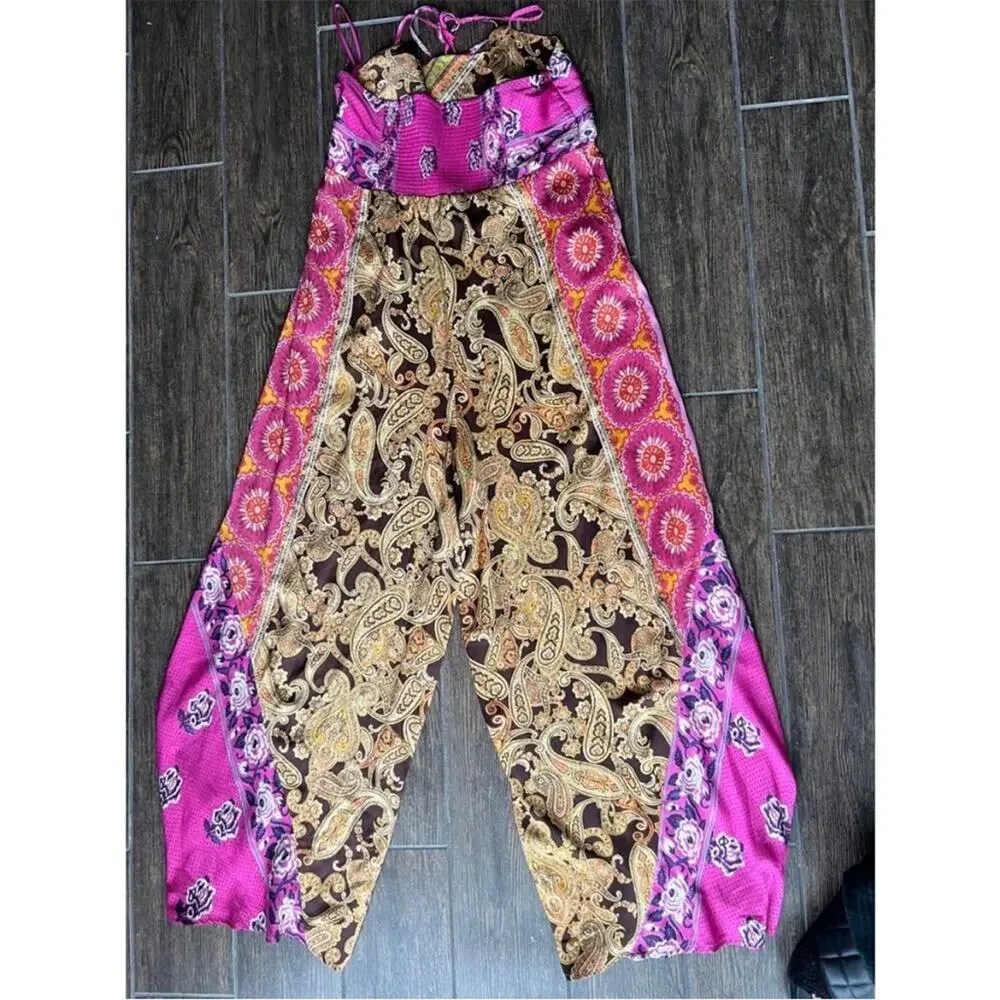 FREE PEOPLE Miranda Printed Jumpsuit In Jewel Combo Large Bohemian Pink and Gold
